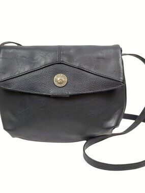Vintage 90s Black Pebble Trim Smooth Vegan Faux Leather Crossbody Hobo Flap Bag